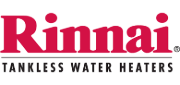 The logo for rinnai tankless water heaters is red and white.