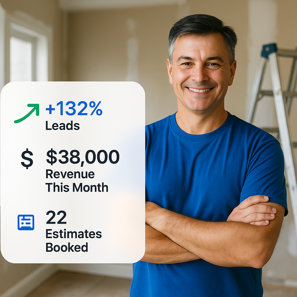 A man in a blue shirt is standing in a room with his arms crossed.