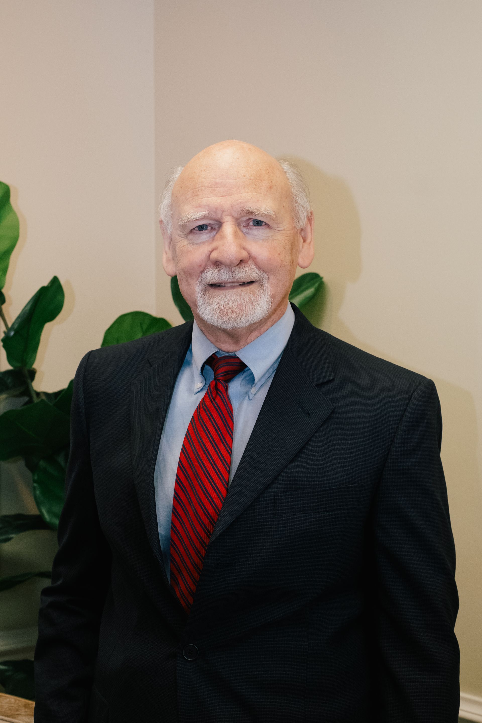 A man in a suit and tie is standing in front of a plant.