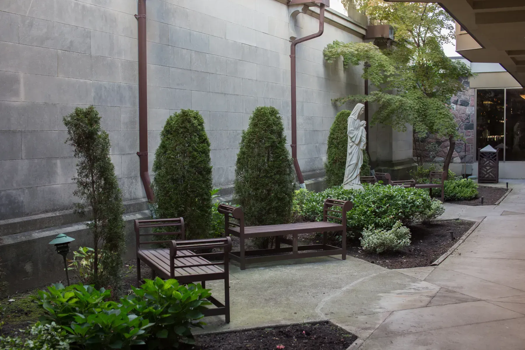 Courtyard walkway with benches, potted shrubs, and tall greenery along a building wall
