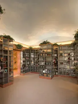 Outdoor columbarium courtyard with rows of memorial niches and a cloudy sky