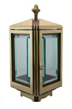 Brass and glass lantern with a hexagonal frame and a hanging finial