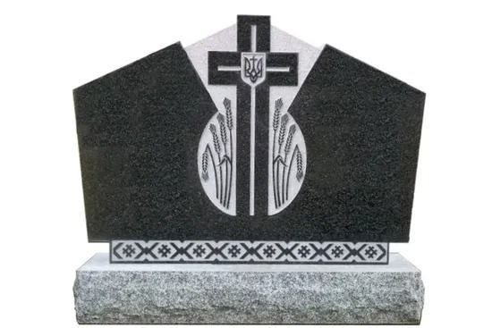 Black granite memorial stone with a cross and engraved silver wheat motifs on a stone base