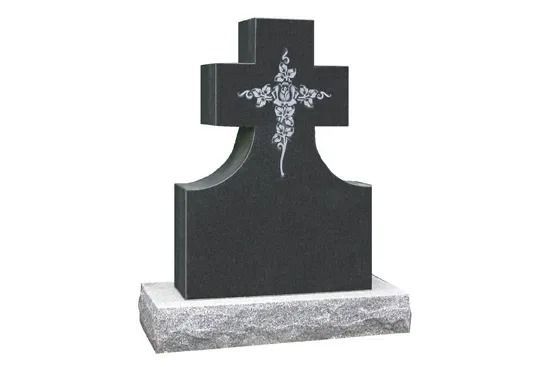 Black granite gravestone with a silver cross on a gray base.