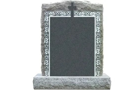 Gray granite tombstone with cross topper and decorative floral border on a base
