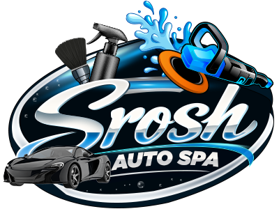 Logo for Srosh Auto Spa: black sports car, cleaning tools, water splash, and company name.