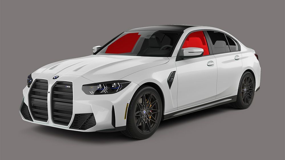 White BMW M3 sedan with black accents, parked on a gray background.