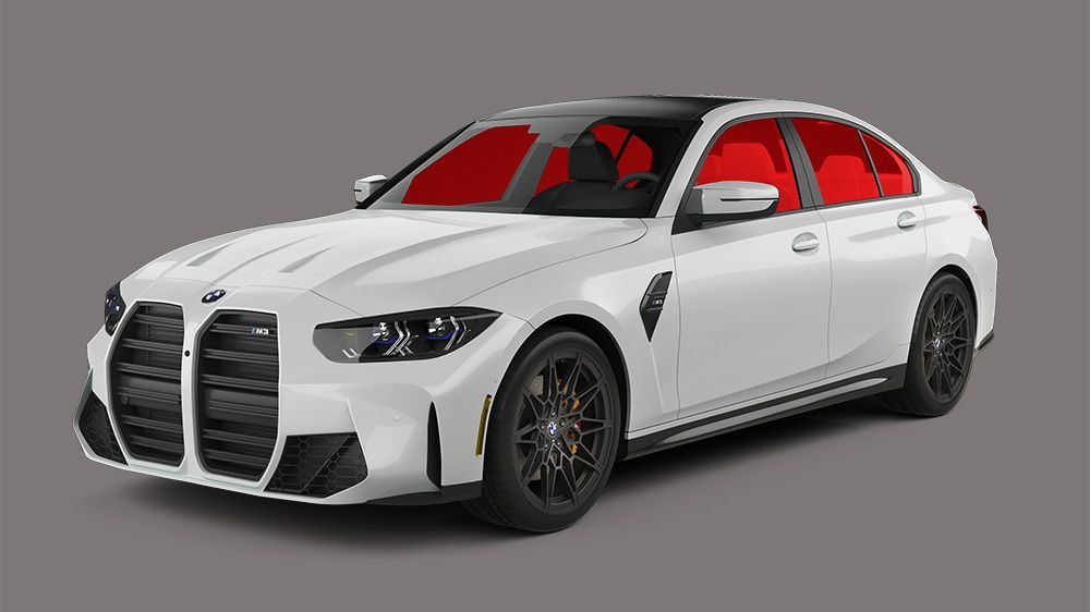 White BMW M3 sedan with black accents, sitting on a gray backdrop.