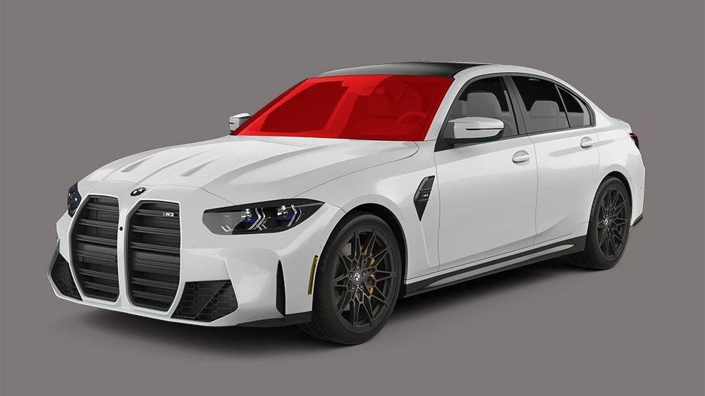 White BMW M3 sedan with black accents, tinted windows, on a gray backdrop.