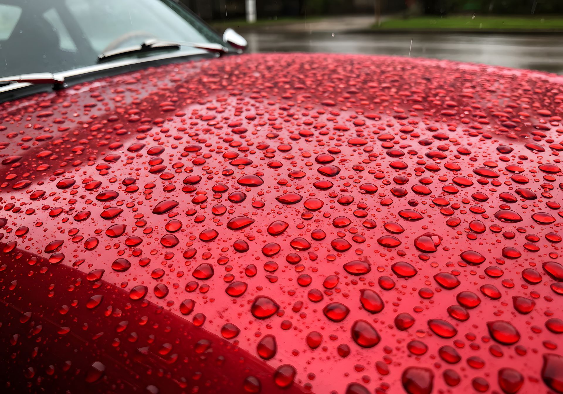 Red car hood covered in water droplets during rainfall.