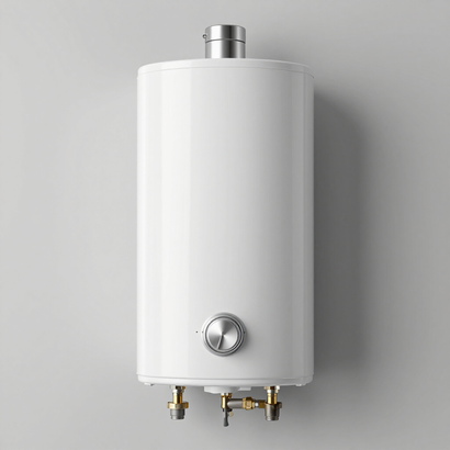 White wall-mounted water heater with a silver vent and control knob, shown against a light gray wall.