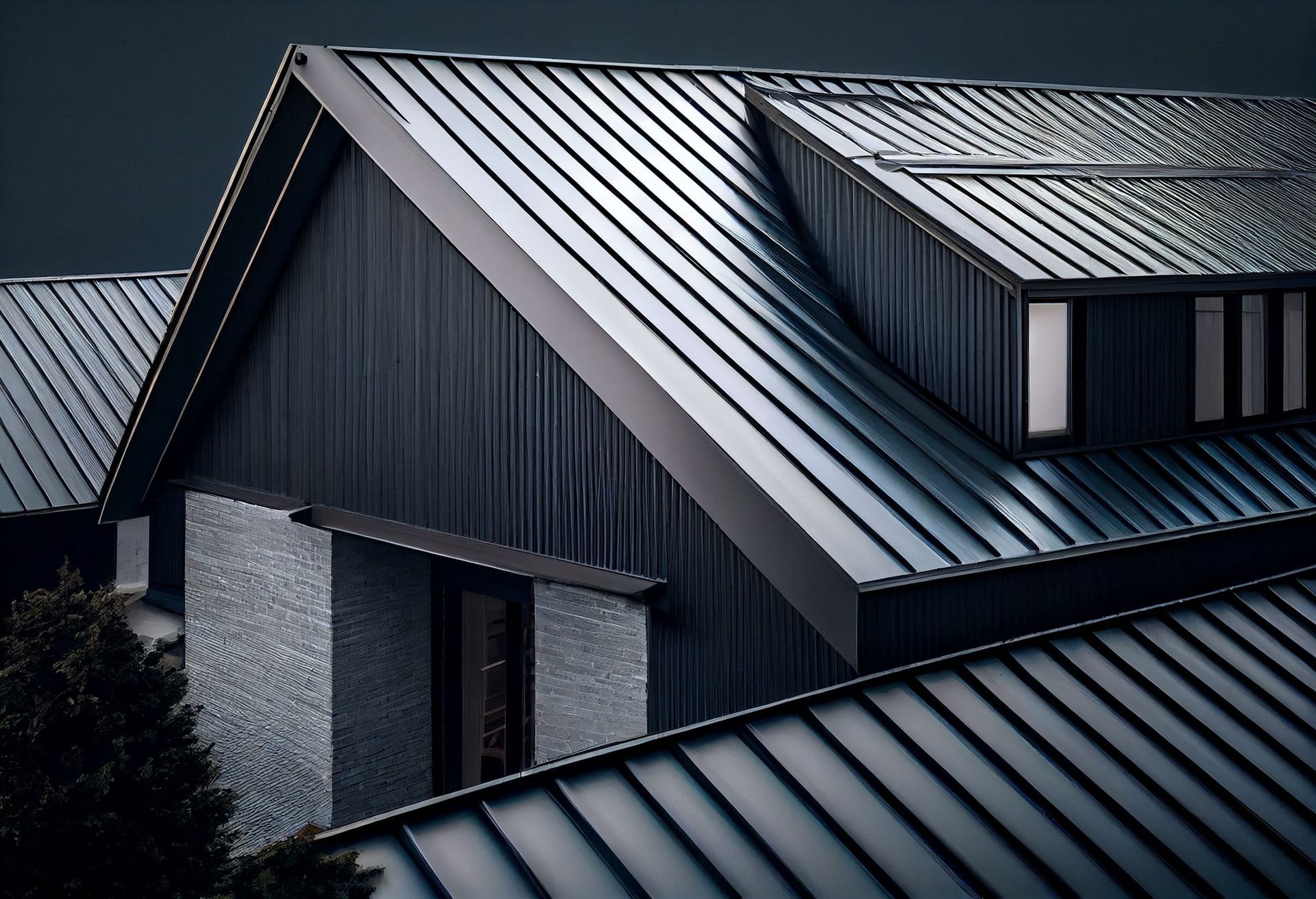 Residential building with a sloping roof coated in sleek metal, featuring attic windows and an elegant aluminum fascia.