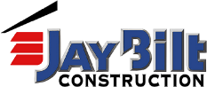 The logo for Jay Bilt Construction is blue and red with a roof.