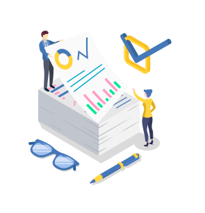 Two people are standing on top of a stack of papers.