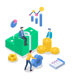 A man is sitting on a stack of money next to a stack of coins.