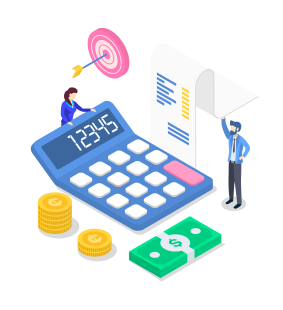 A man and a woman are standing next to a calculator.