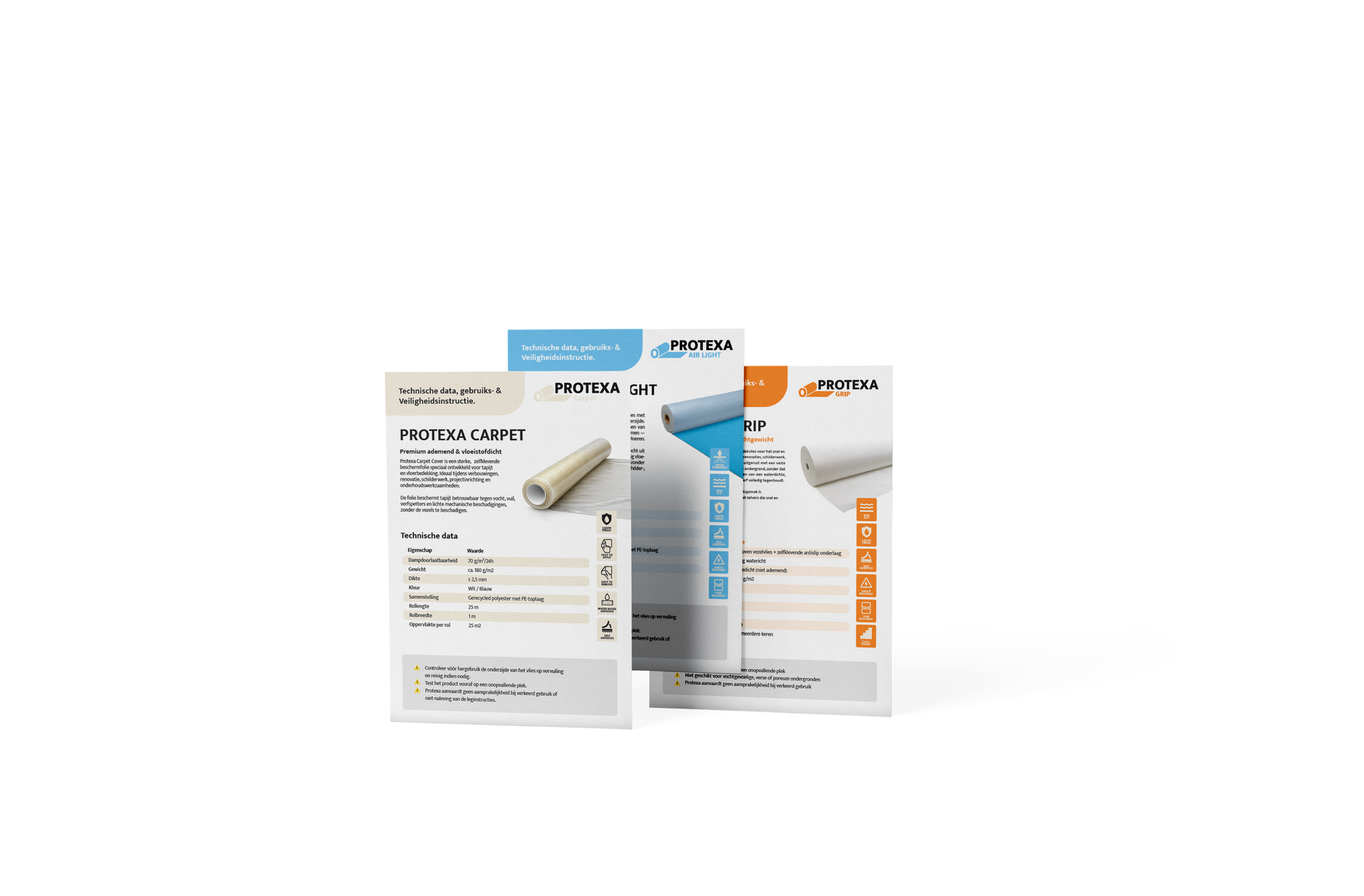 Drie productinformatiebladen met afbeeldingen van medische benodigdheden.