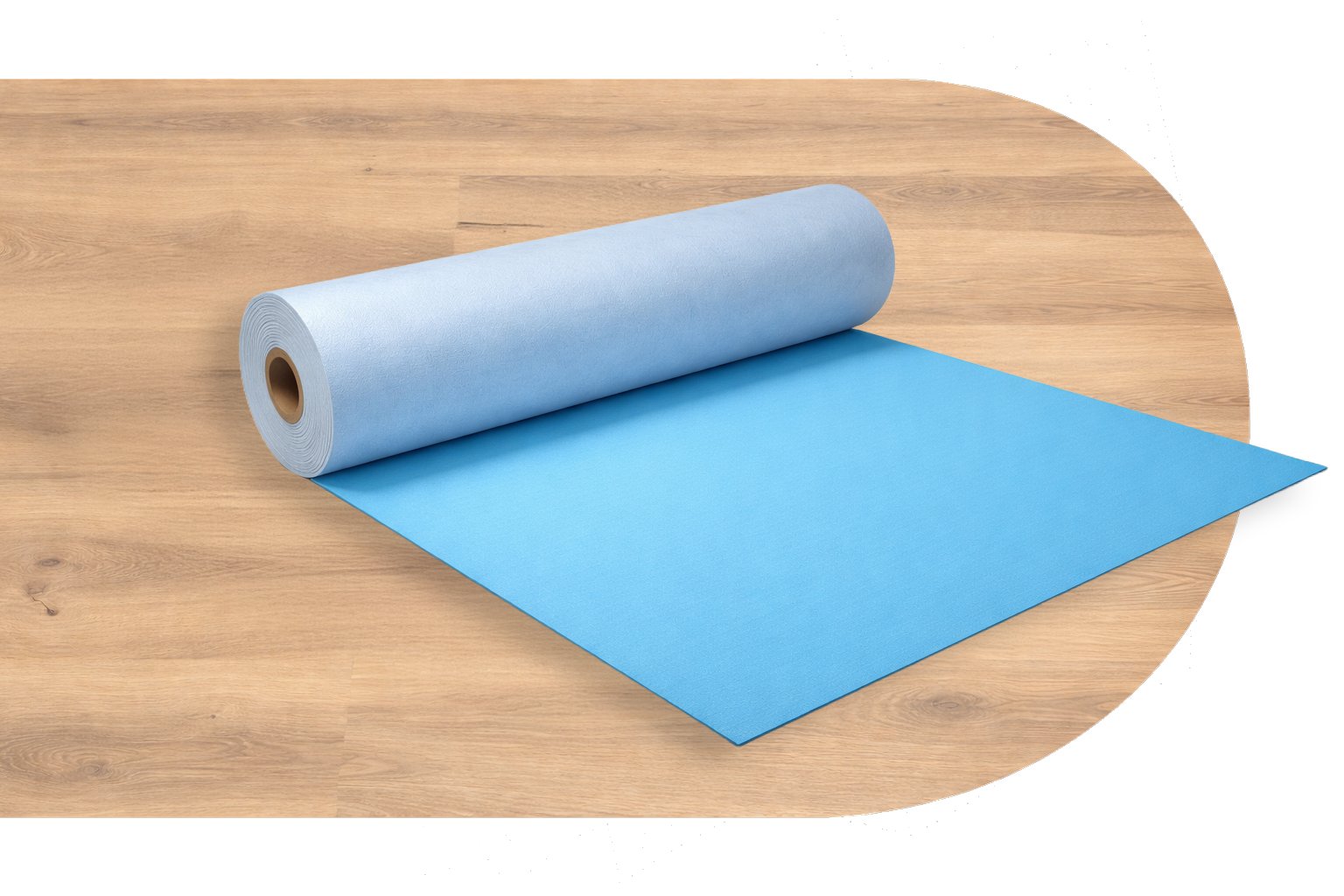 Blauwe rol vloerbeschermingsmateriaal op een houten ondergrond.