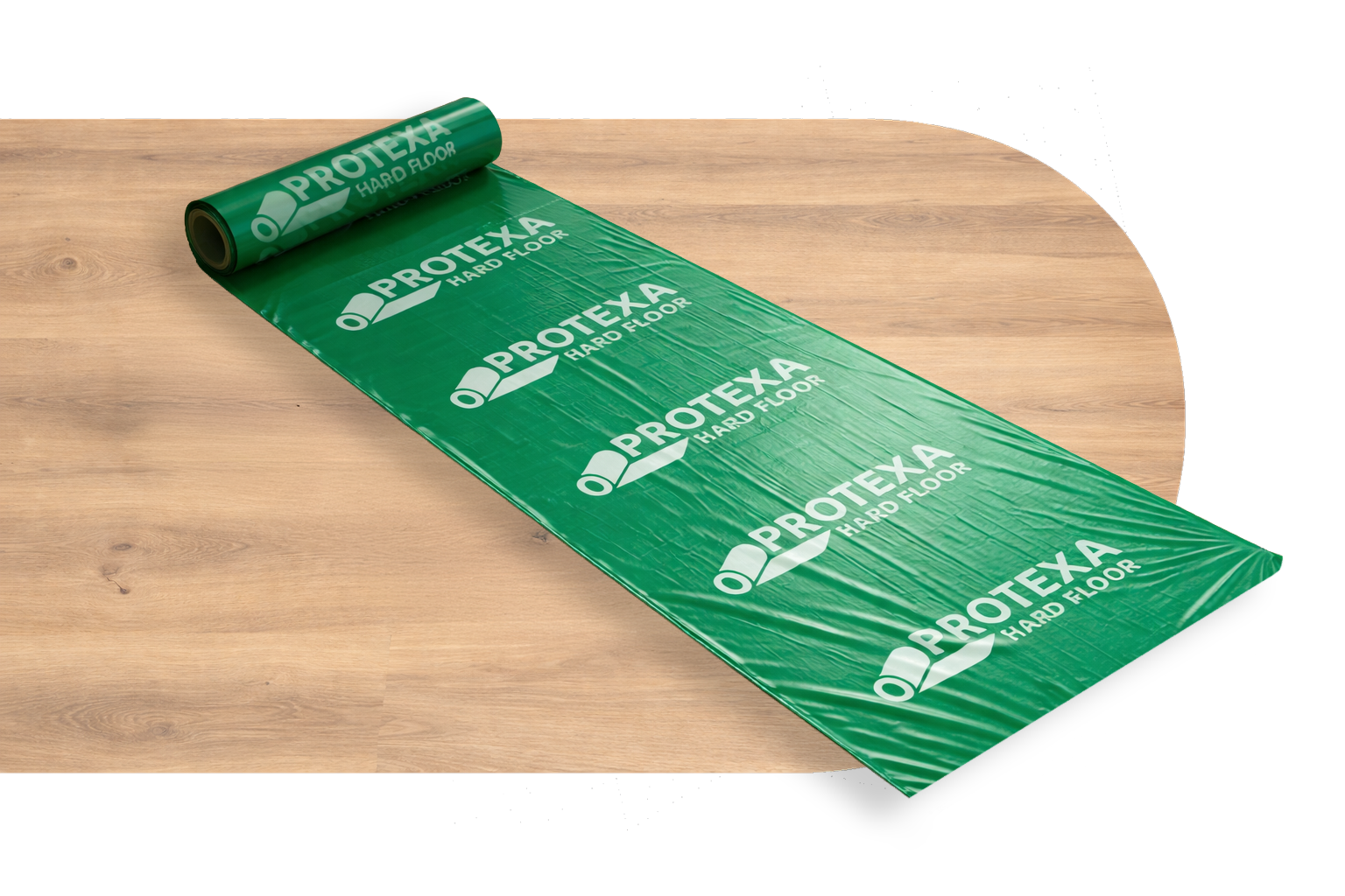 Groene vloerbeschermingsrol op een houten ondergrond, gedeeltelijk uitgerold, met het merk 