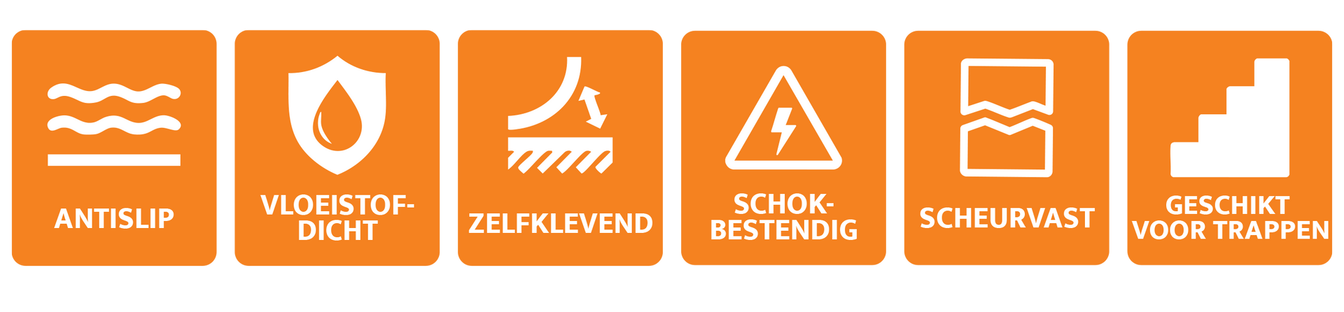 Oranje pictogrammen met symbolen die aangeven of het product antislip, waterdicht, zelfklevend, schokbestendig, scheurvast en geschikt voor trappen is.