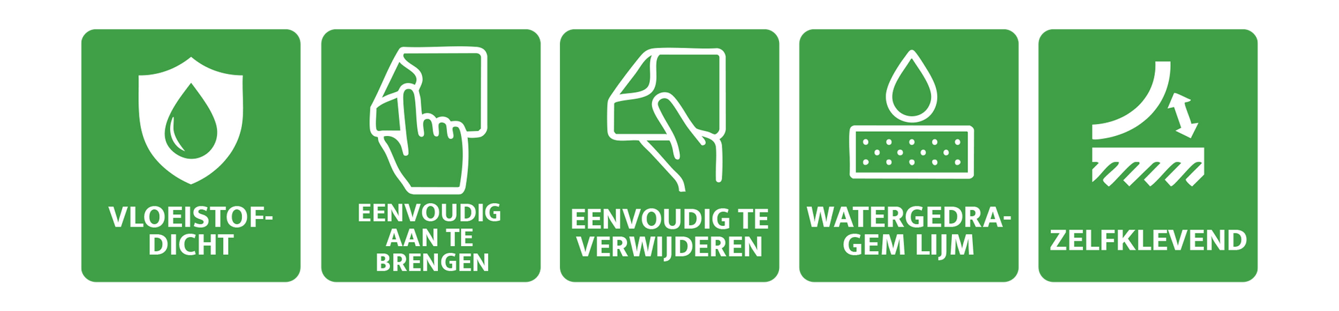 Vijf groene pictogrammen: waterdicht, gemakkelijk aan te brengen, gemakkelijk te verwijderen, lijm op waterbasis, zelfklevend.
