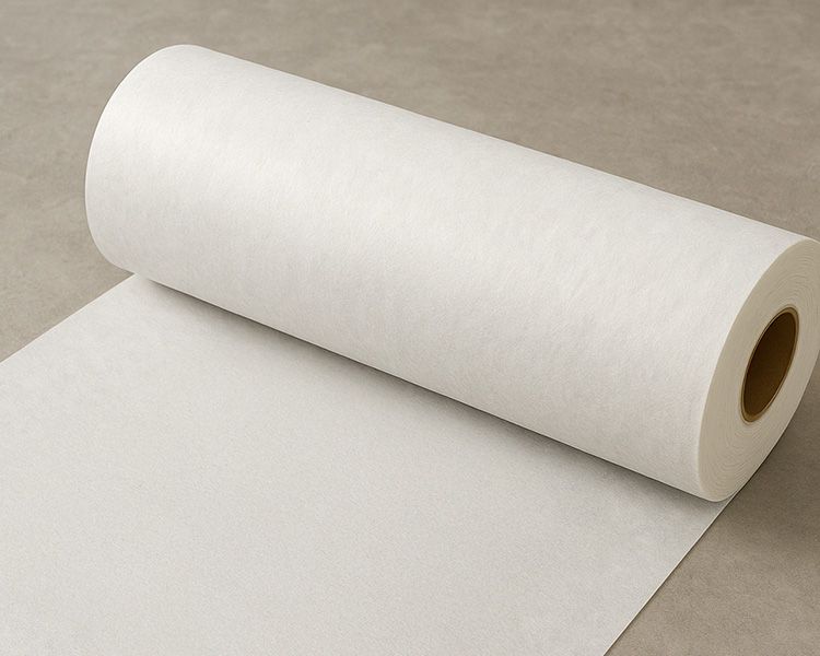 Een rol wit papier die zich ontvouwt op een lichtgrijze ondergrond.