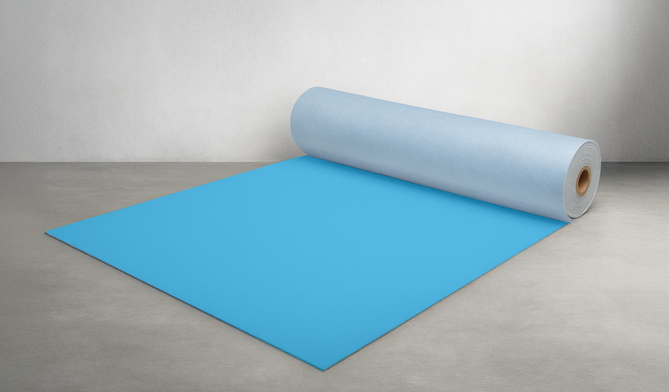 Een rol blauw materiaal, uitgerold op een betonnen ondergrond tegen een lichtgrijze muur.