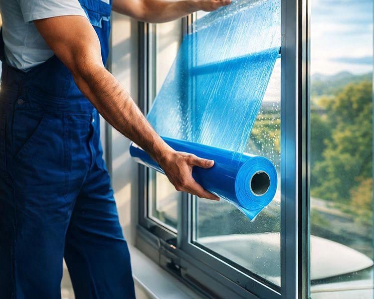 Een persoon in een blauwe overall is bezig met het aanbrengen van blauwe raamfolie op een raamkozijn.