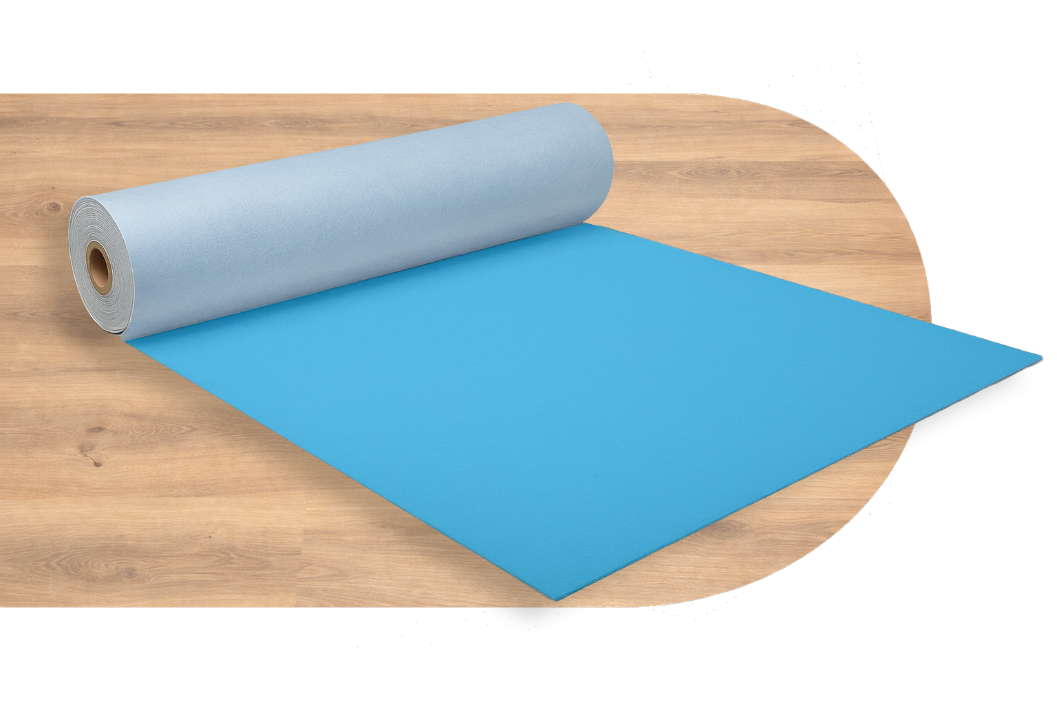 Een rol blauwe ondervloerbedekking wordt uitgerold op een ondergrond met houtnerfstructuur.