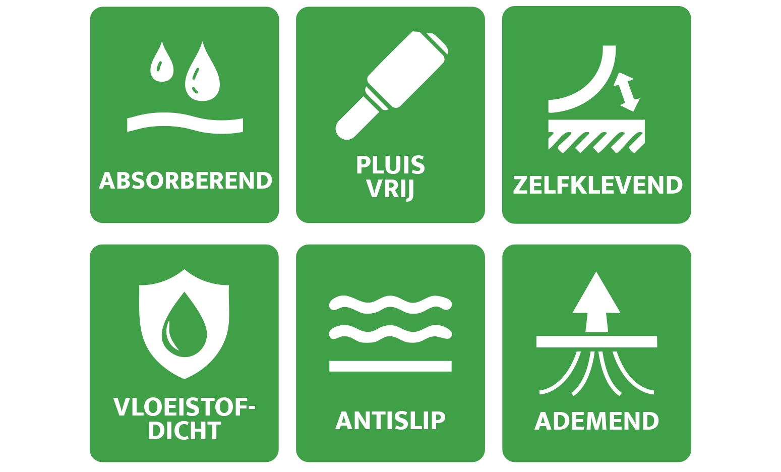 Groene pictogrammen die de producteigenschappen weergeven: absorberend, pluisvrij, zelfklevend, waterdicht, antislip, ademend.