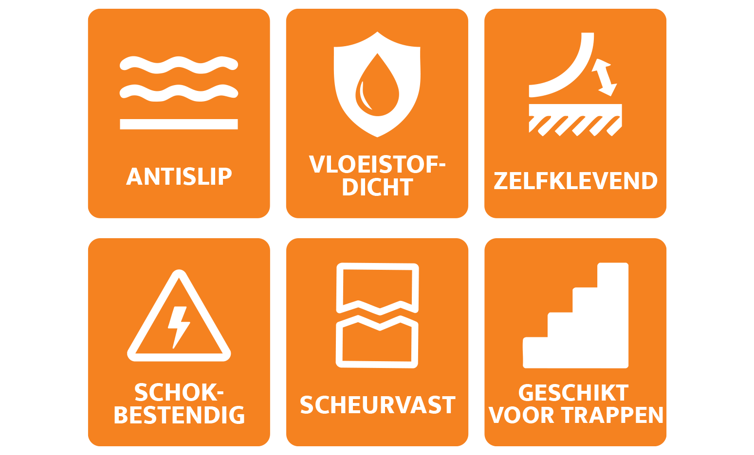 Oranje tegels met witte pictogrammen die de volgende eigenschappen aangeven: antislip, waterdicht, zelfklevend, schokbestendig, scheurvast, geschikt voor trappen.