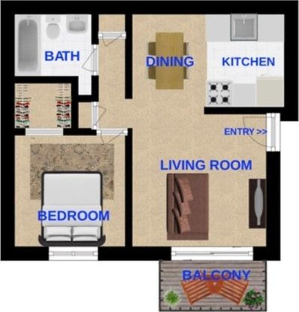 Floor Plan: 1 Bed · 1 Bath · 625 SQ. FT.