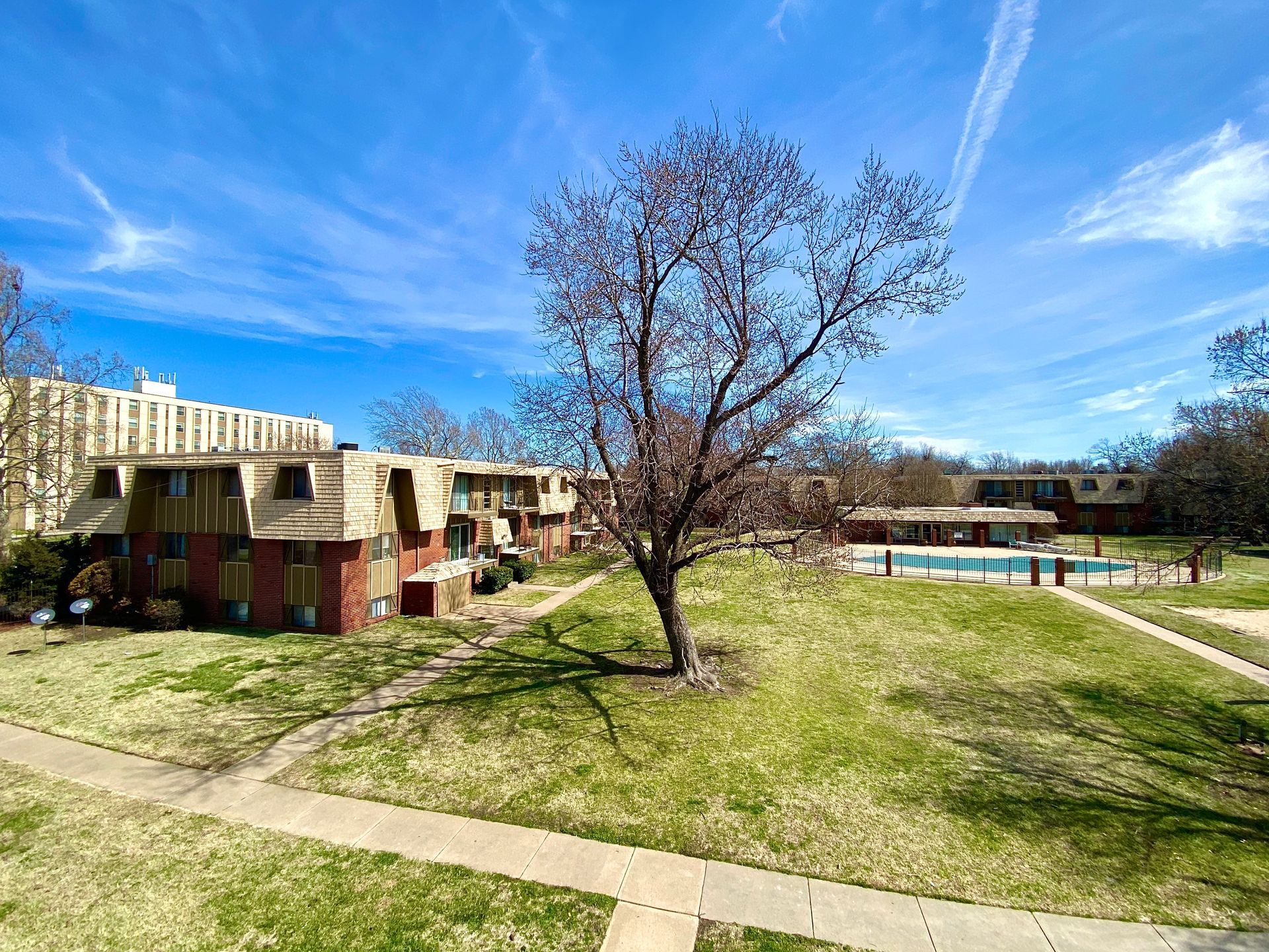 Apartment complex with red brick buildings, pool, and a tree on a sunny day.