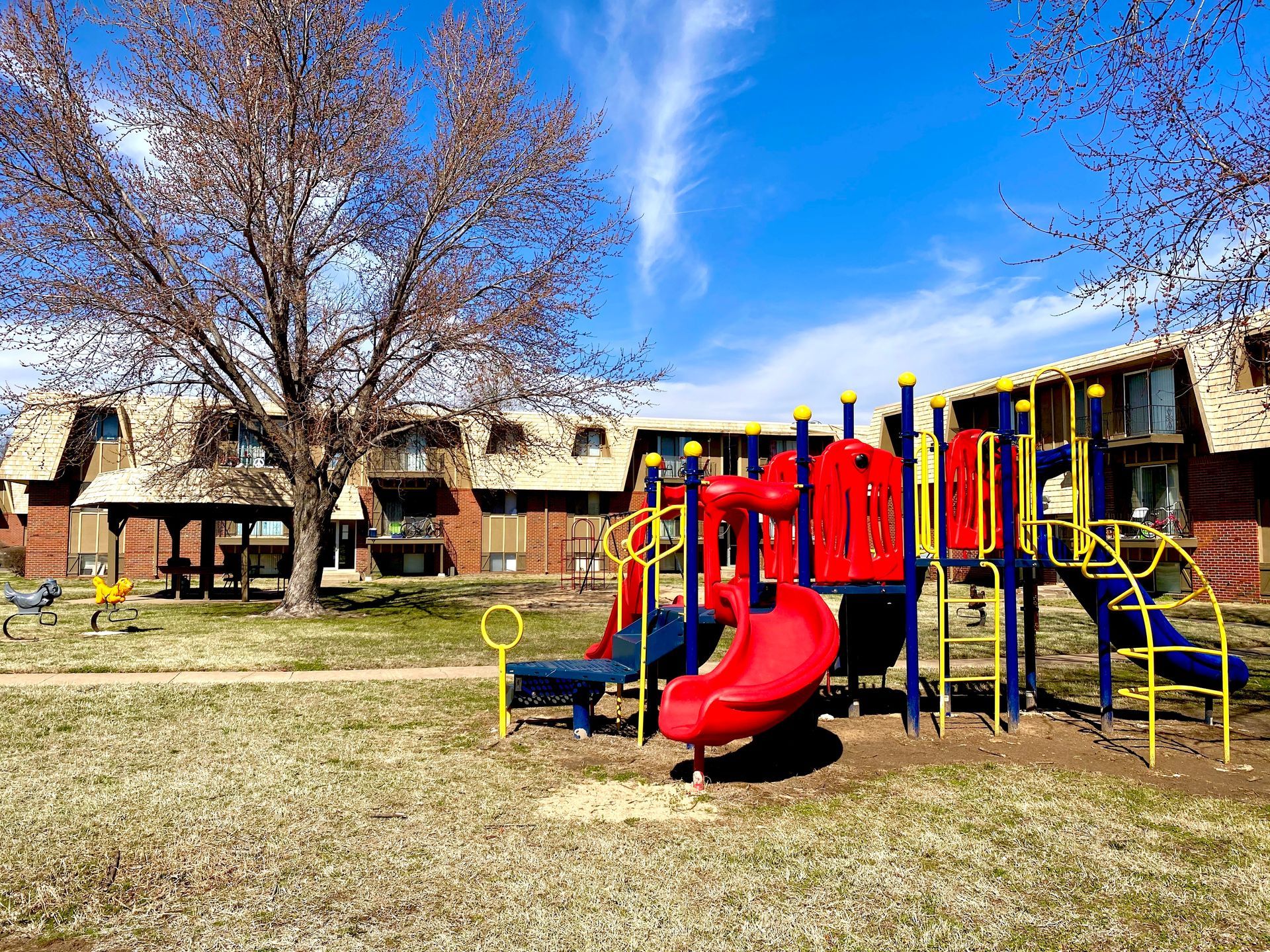 Playground with red and blue slides in front of a multi-story building and a bare tree under a blue sky.