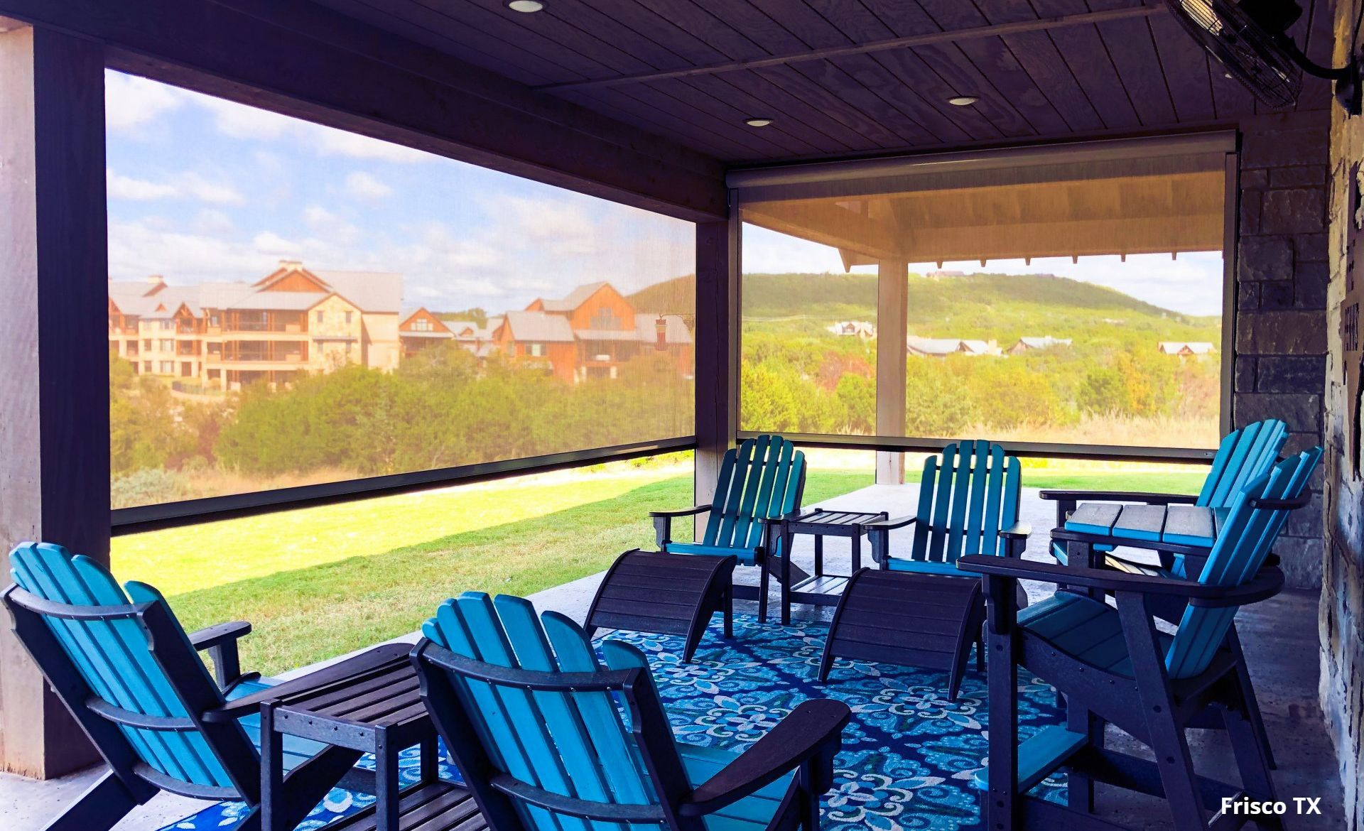 motorized exterior patio screens with adirondak chairs