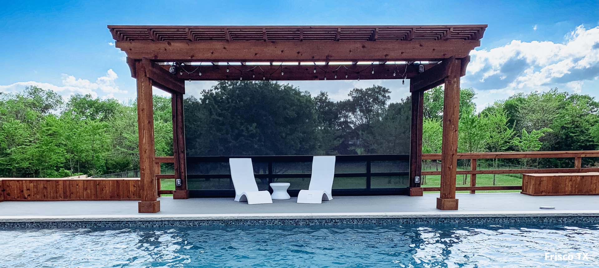 motorized patio screens with poolside lounge chairs