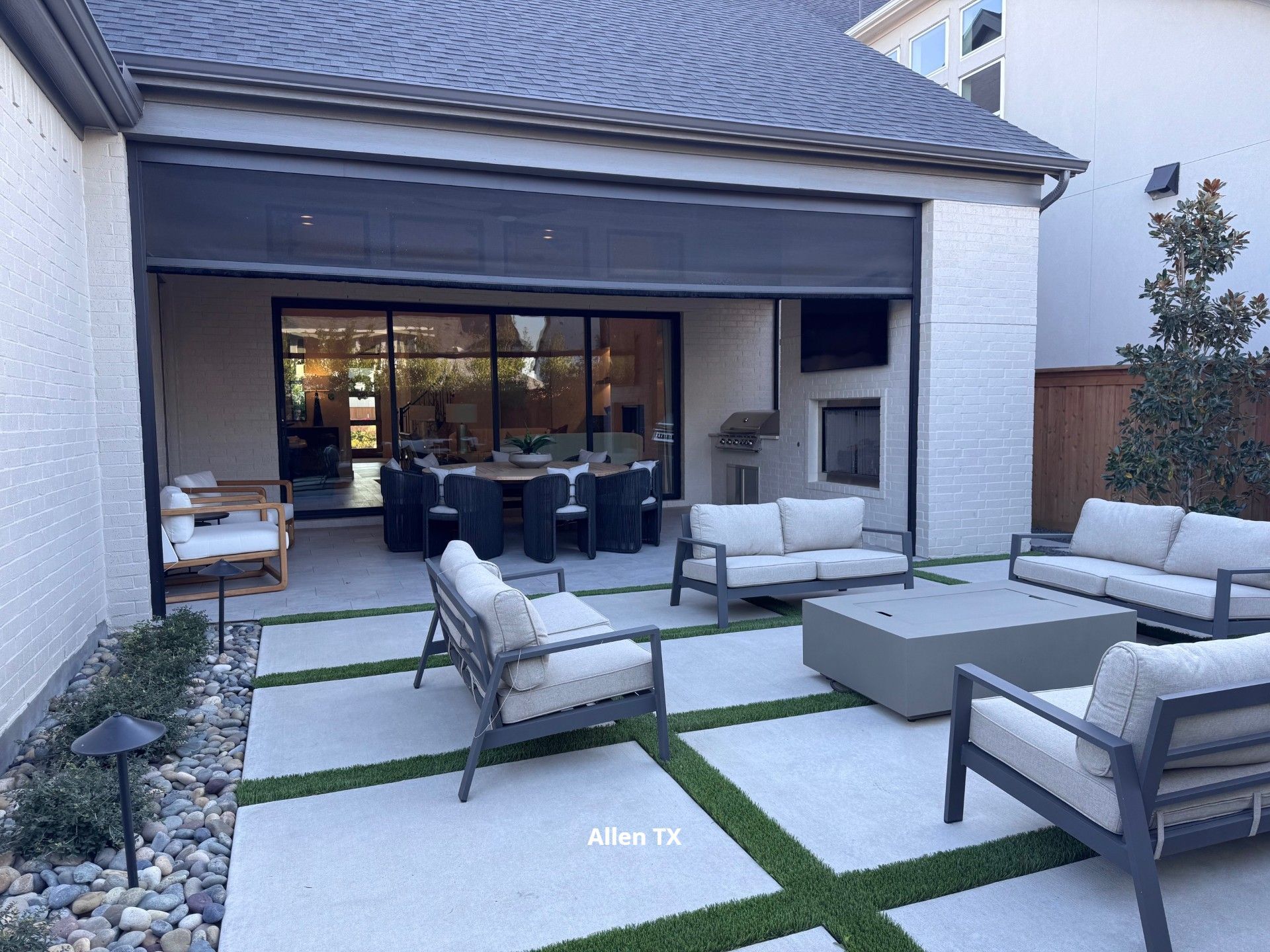 automated patio screen with landscaping