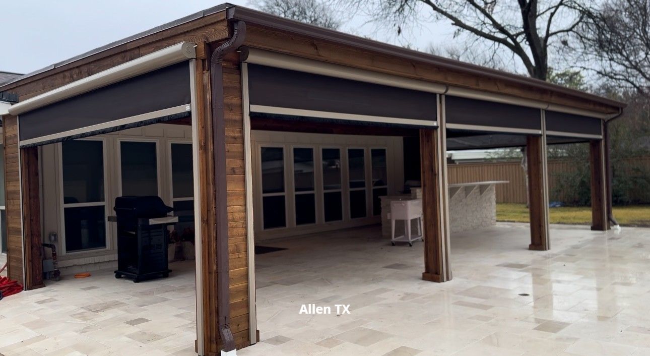 Poolside relaxation with a motoirzed patio shade in Frisco TX