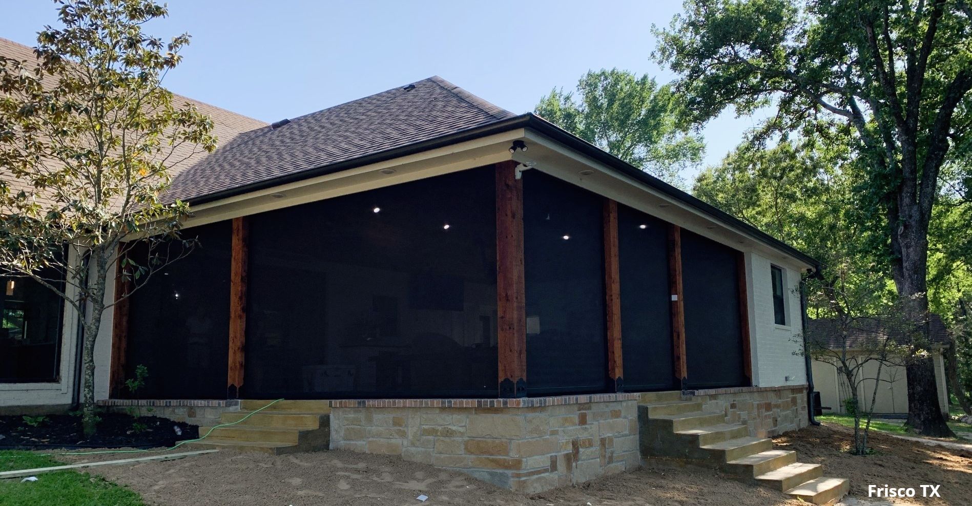 serene poolside patio with motorized patio screens in Frisco TX