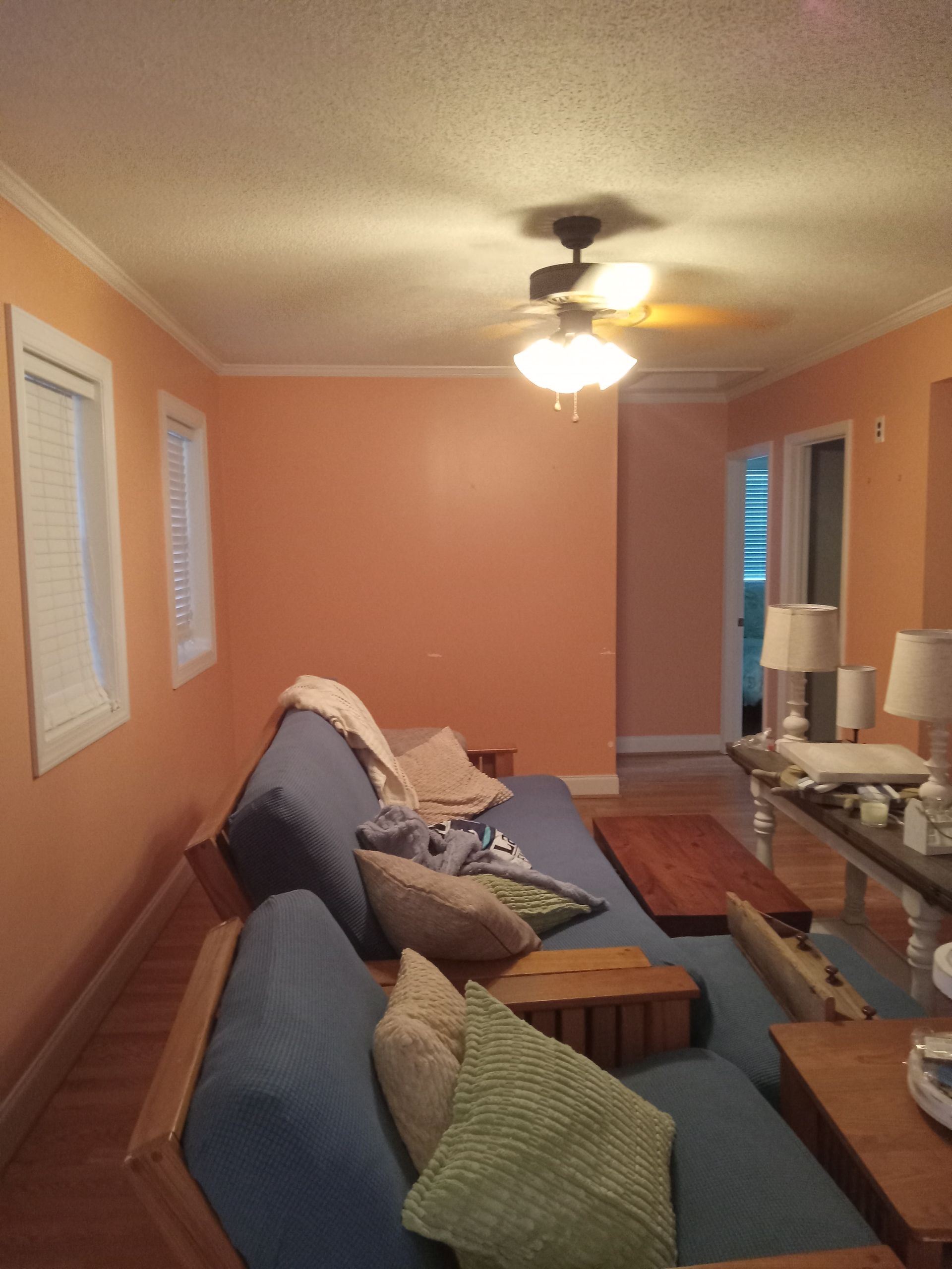 A living room with a blue couch and a ceiling fan