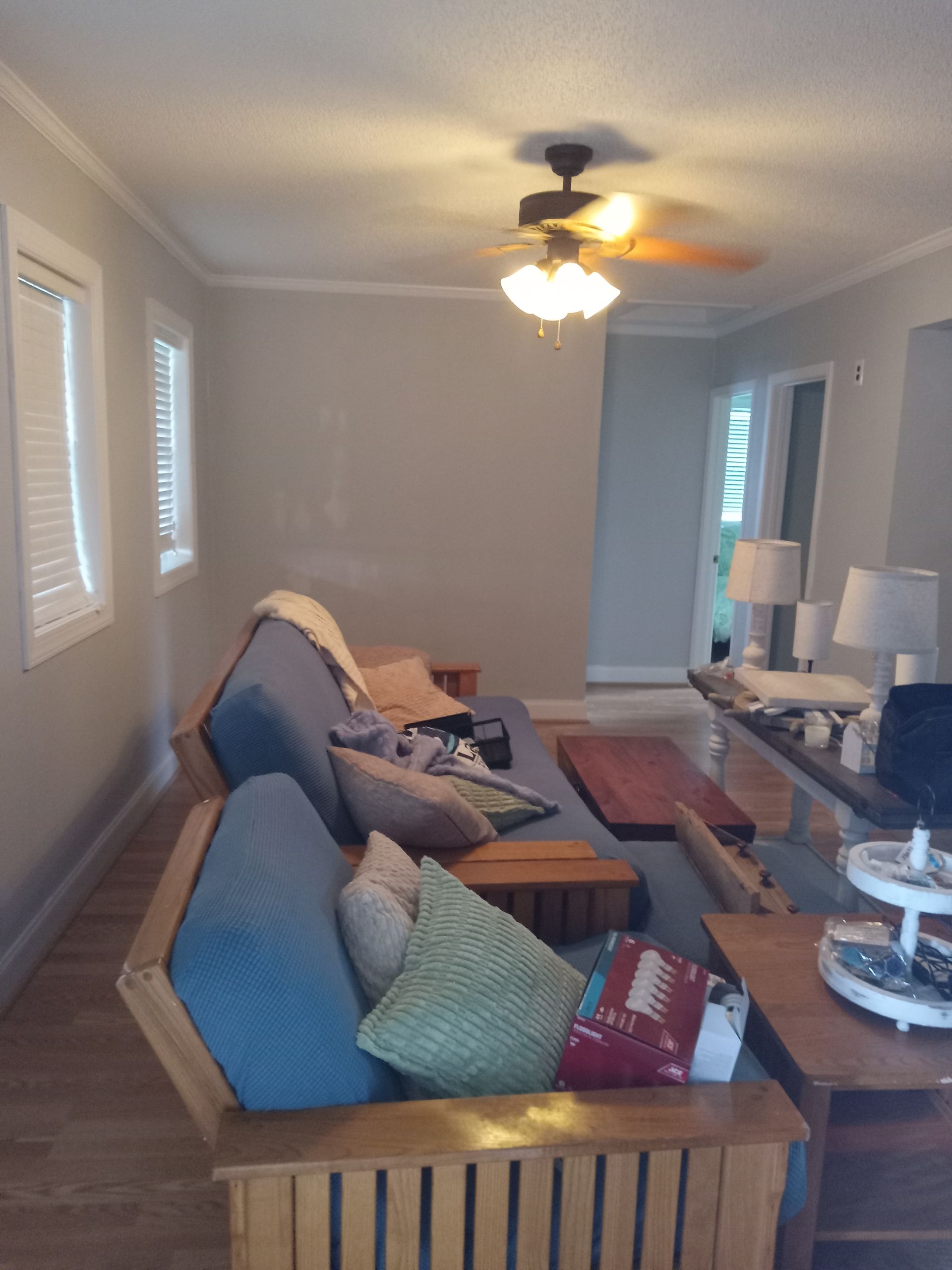 A living room with a couch and a ceiling fan