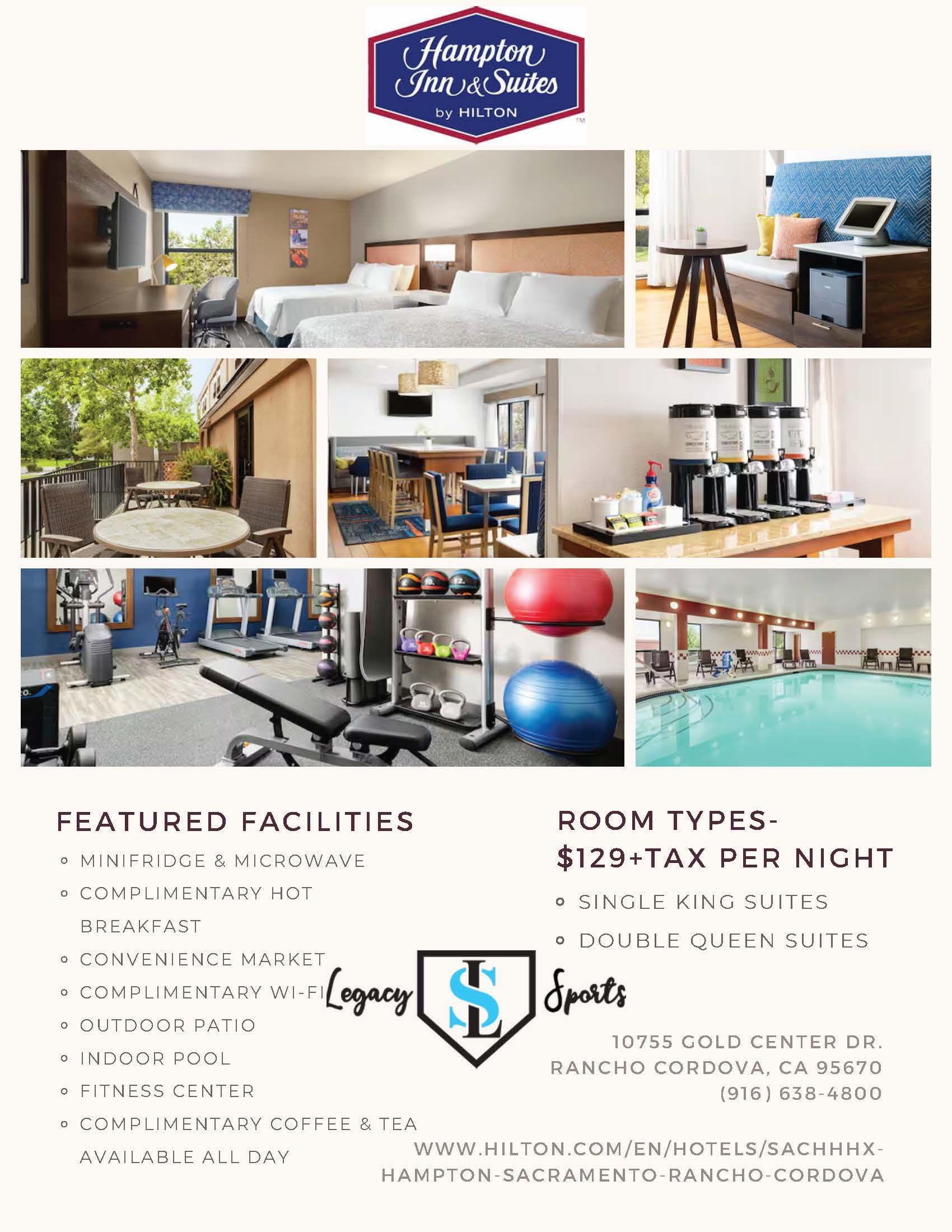A brochure for a hotel with a swimming pool and a gym.