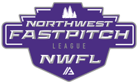 The logo for the northwest fastpitch league is purple and white.