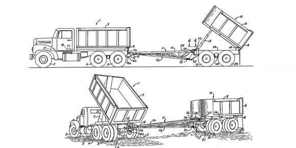 A black and white drawing of a dump truck with a trailer attached to it.