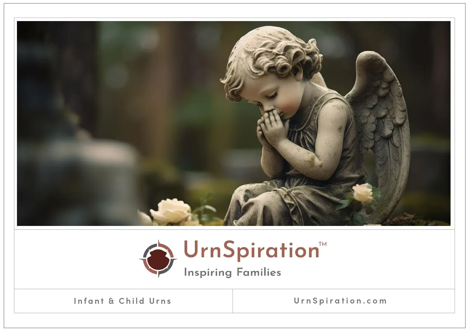 A stone angel statue with folded hands, in a cemetery setting. It's a promotional image for Infant & Child Urns.