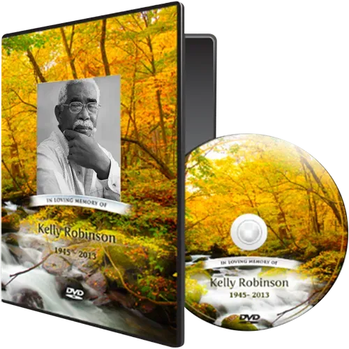 DVD case and disc, memorializing Kelly Robinson with a black and white photo, against a fall foliage backdrop.