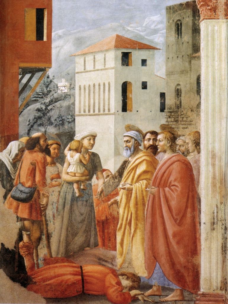 Saint Peter Distributing Alms and the Death of Ananias (1425-26) by Masaccio