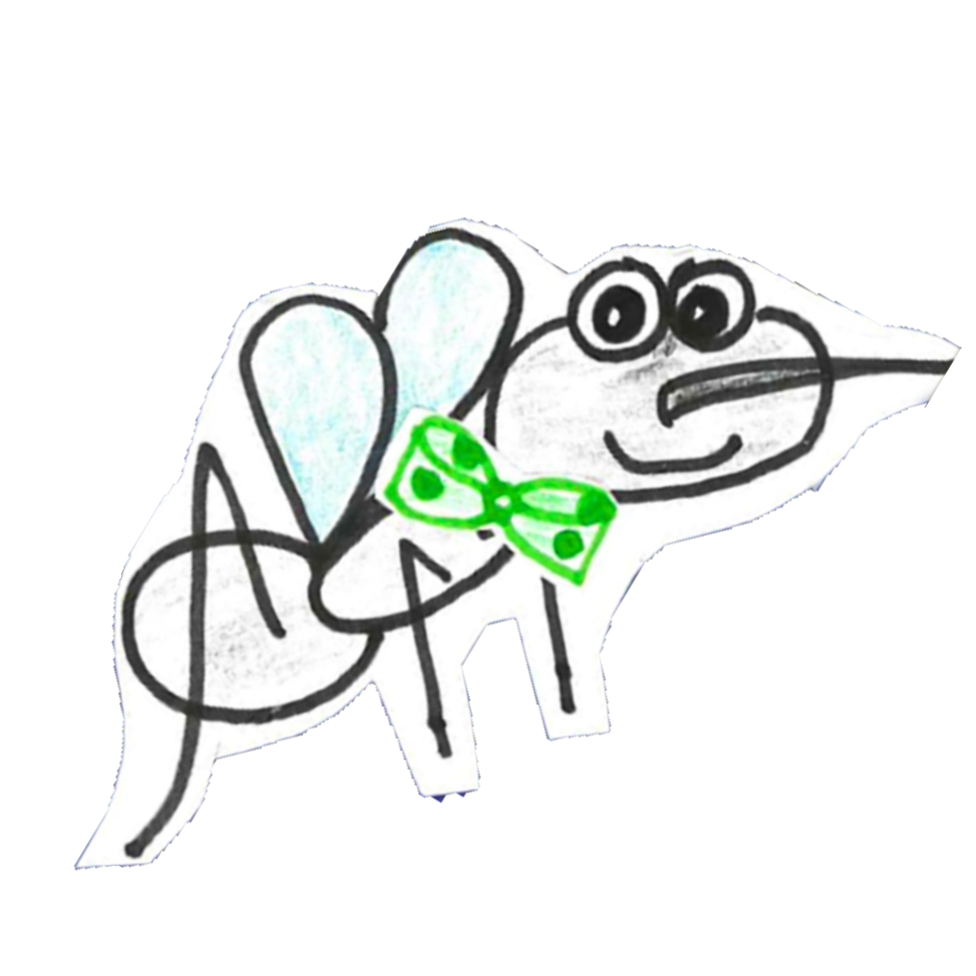 Cartoon gnat with black outlines, blue wings, and a green bow tie.