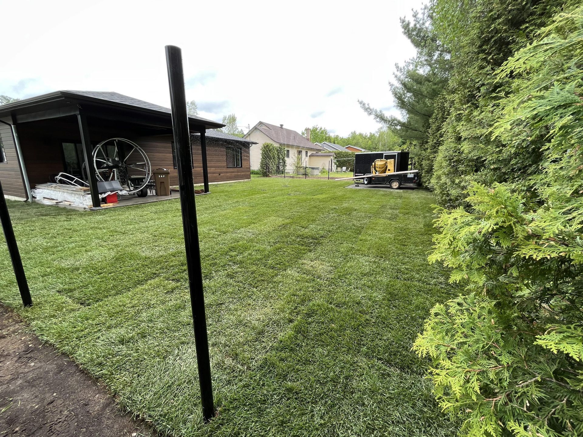 Une cour verdoyante avec une clôture et une maison en arrière-plan.