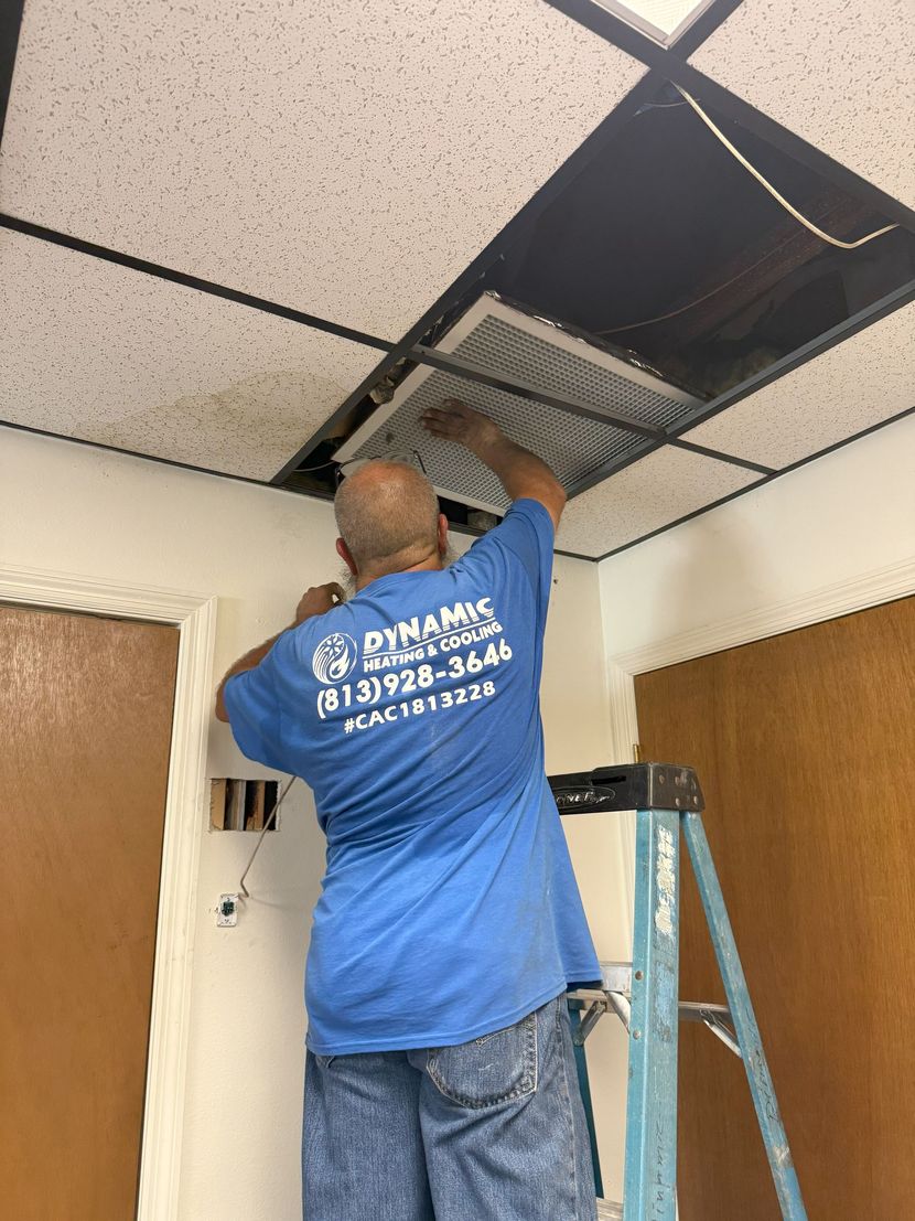 Man on a ladder installing a ceiling panel. He wears a blue shirt and jeans in an indoor setting.